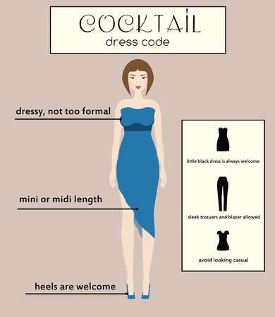 Woman cocktail dress code infographic. Female in dressy blue midi dress | Cocktail dress code ...