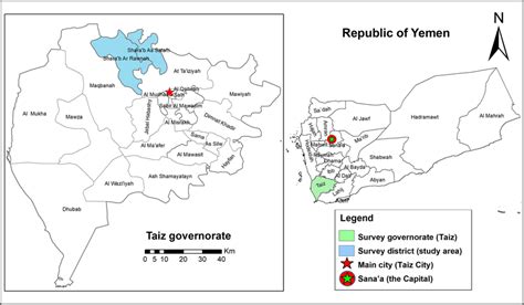 A geographic map showing the study area (Shara’b district) in Taiz... | Download Scientific Diagram