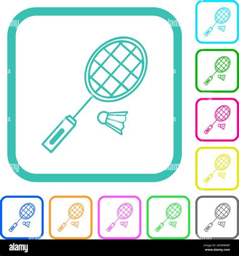 Badminton racket and shuttlecock outline vivid colored flat icons in curved borders on white ...