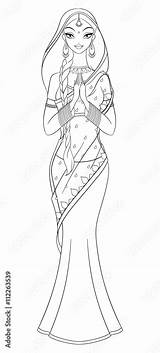 Outlined Indian Girl In sari Coloring Page Vector Illustration Stock  sketch template