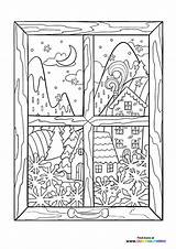 Winter Theme window View  Coloring Pages For Kids sketch template