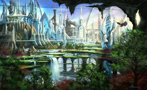 Fantasy Waterfall City HD Wallpaper | Fantasy landscape, Fantasy city, Futuristic city