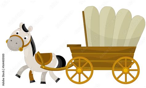 cartoon wooden wagon with horse - illustration for children Stock ...