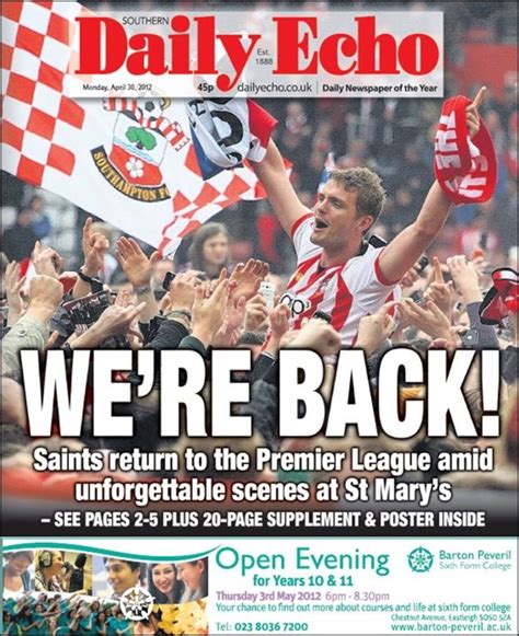 In Southampton, the Daily Echo celebrates promotion | Newspaper front pages, We're back, Echo