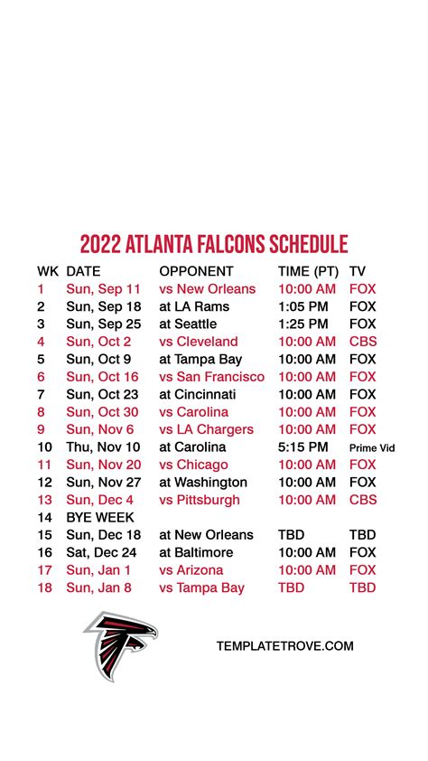 Atlanta Falcons Printable Schedule