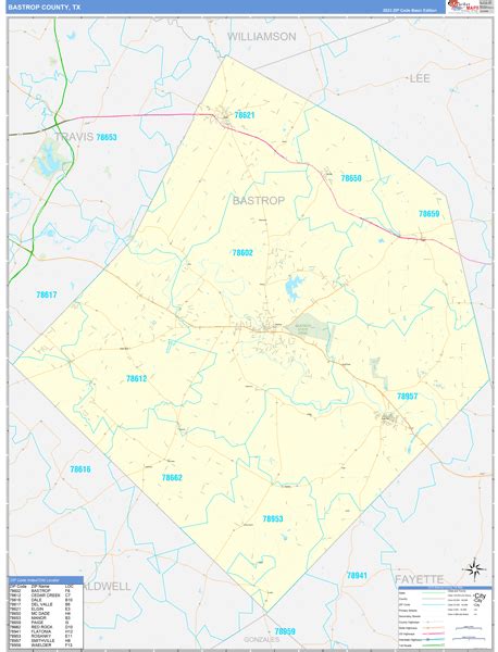 Bastrop County, TX Zip Code Wall Map Basic Style by MarketMAPS - MapSales