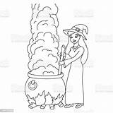 A Young Witch Is Brewing Potion In Cauldron Coloring Book Page For  sketch template
