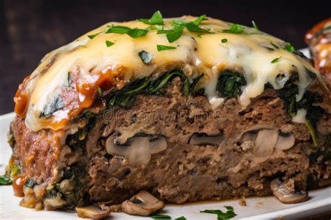 Close-Up of Cheesy Meatloaf Stuffed with Mushrooms and Spinach Stock ...