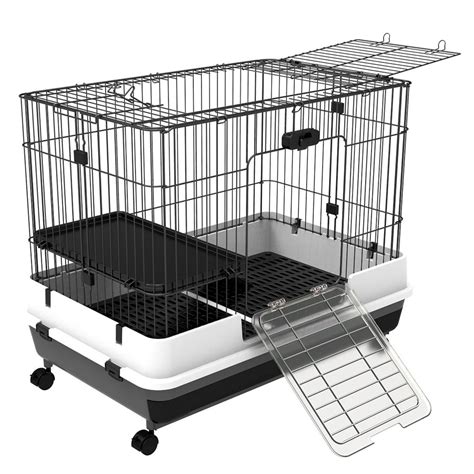 Pawhut 32”L 2-Level Indoor Small Animal Rabbit Cage with Wheels, Black ...