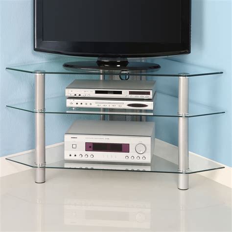 Furniture, Simple Cool Glass Corner TV Stands With Stainless Steel Legs Ideas ~ Cool TV Stands ...