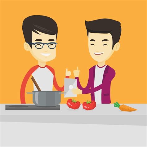 Premium Vector | Men cooking healthy vegetable meal.