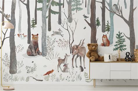 Forest animals wallpaper mural for kids | Wallco