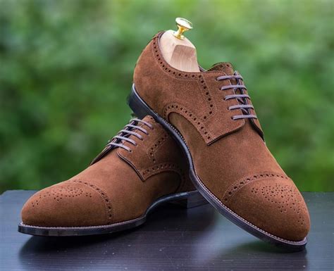 Handmade Brown Suede Lace Up Shoes, Men's Cap Toe Brogue Dress Shoes ...