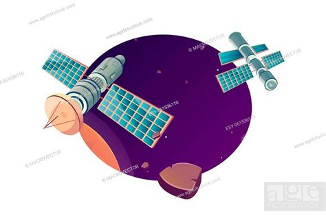 Space technology flat composition with images of flying spacecrafts and ...