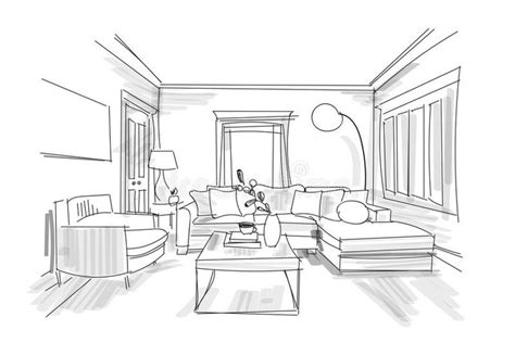 Interior design sketch. hand drawn vector illustration of sitting room furniture. Living r ...