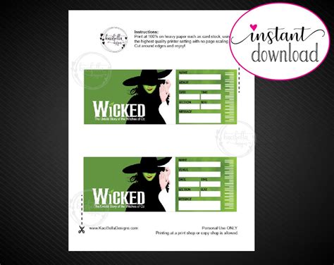 Printable WICKED Broadway Surprise Ticket. Editable Musical Theatre ...