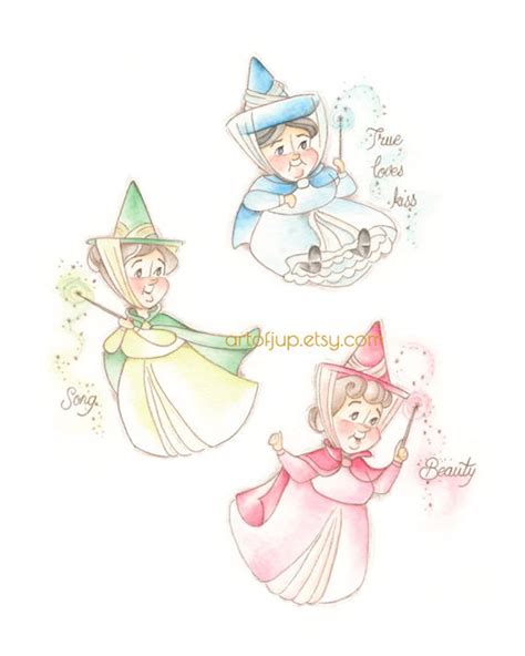 Sleeping Beauty Print, Three Good Fairies, Flora, Fauna, Merryweather, Wall Art, Nursery Gift ...