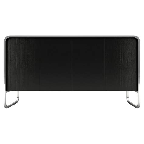 Midnight TV Console 2 - Modern Black Lacquered Console with Stainless Steel Legs For Sale at 1stDibs