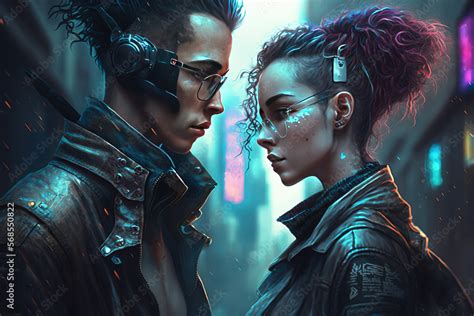 ภาพประกอบสต็อก Cyberpunk Character Art, Couple in Cyberpunk City, Man and Woman in Cyberpunk ...