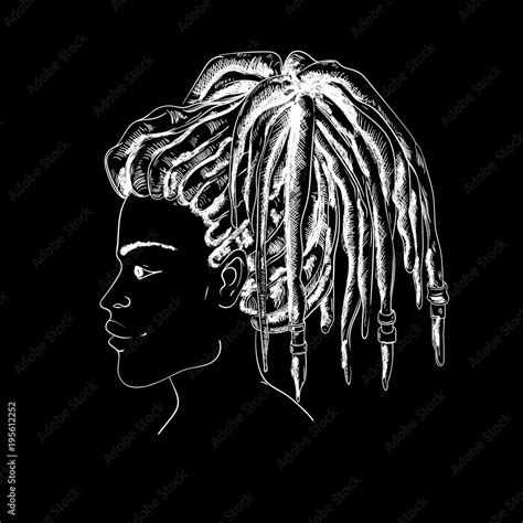 Portrait of woman with dreadlocks in profile. Black and white vector ...