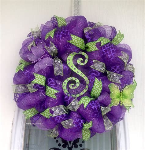 22" Lavender and Purple Deco Mesh Wreath with Lime Green Ribbons and Letter S | Green wreath ...