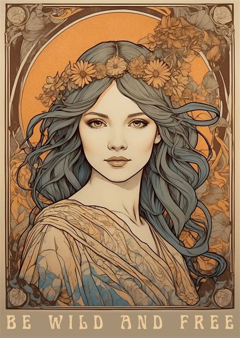 Be Wild and Free Boho Goddess Art Nouveau Floral Botanical Nature Mother Earth Mucha Art Print ...