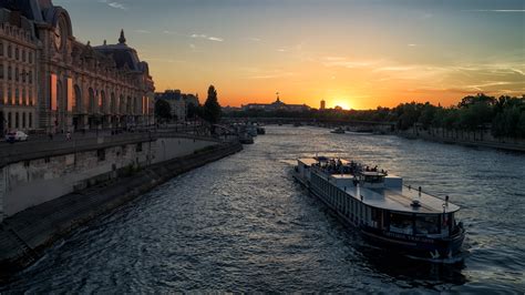 Download Passenger Ship Seine Ship Boat Evening Sunset France River Man Made Paris 4k Ultra HD ...