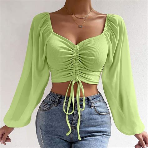 Cheap Women's Long Sleeve Mesh Solid Color Drawstring V-Neck Cropped Top Blouse | Joom