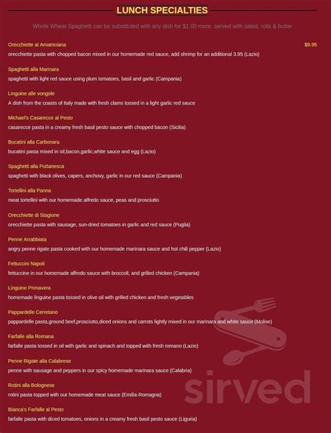 Milano's Italian Restaurant menu in Columbus, Ohio, USA