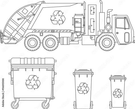 Coloring pages. Set of garbage truck and different types of dumpsters flat linear vector icons ...