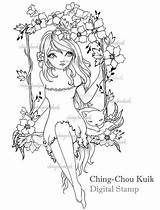 Swing In Spring Digital Stamp Instant Download / Cat Door Gjzcck Fairy  sketch template
