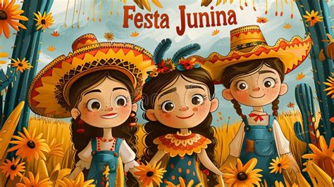 Joyful Children Celebrating Festa Junina in Colorful Costumes Stock Illustration - Illustration ...