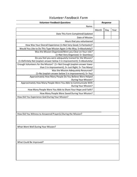 Mission Volunteer Feedback Form - Fill Out, Sign Online and Download PDF | Templateroller