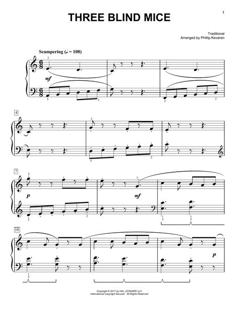 Traditional "Three Blind Mice [Classical version] (arr. Phillip Keveren)" Sheet Music Notes ...