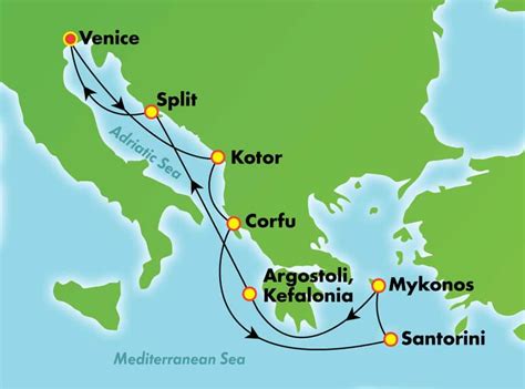 a map with several destinations on it, including the greek island of mykonos