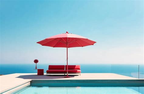 Premium AI Image | A red umbrella with a pink sofa next to a pool