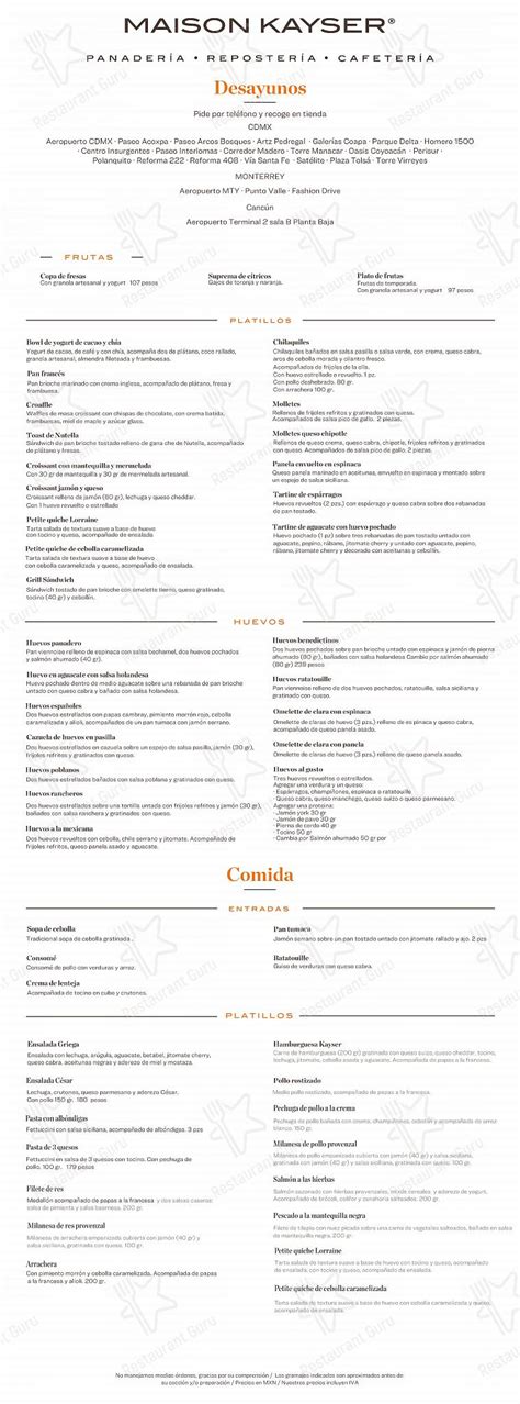 Menu at Maison Kayser desserts, Mexico City, Pedregal 24