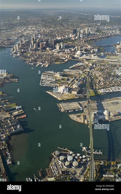 Inner harbor aerial view (Mystic River bridge aka Tobin Bridge at Stock Photo: 61332281 - Alamy