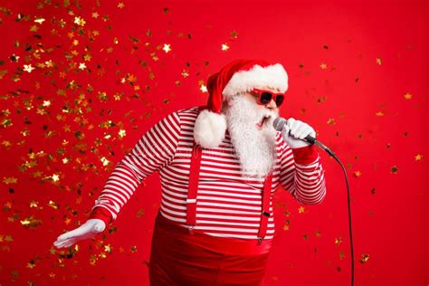 Photo of Grandpa Grey Beard Hold Mic Open Mouth Scream Sing Song Karaoke Wear Santa Claus X-mas ...