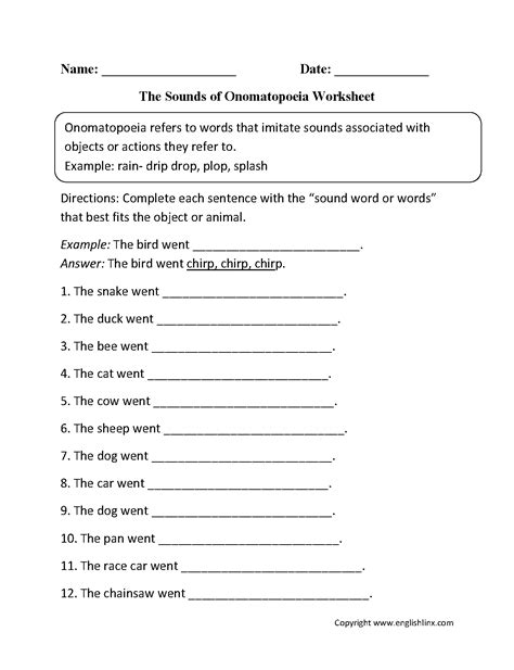 Englishlinx.com | Onomatopoeia Worksheets | Figurative language worksheet, Onomatopoeia, Poetry ...