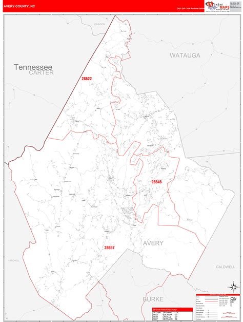 Avery County, NC Zip Code Wall Map Red Line Style by MarketMAPS ...