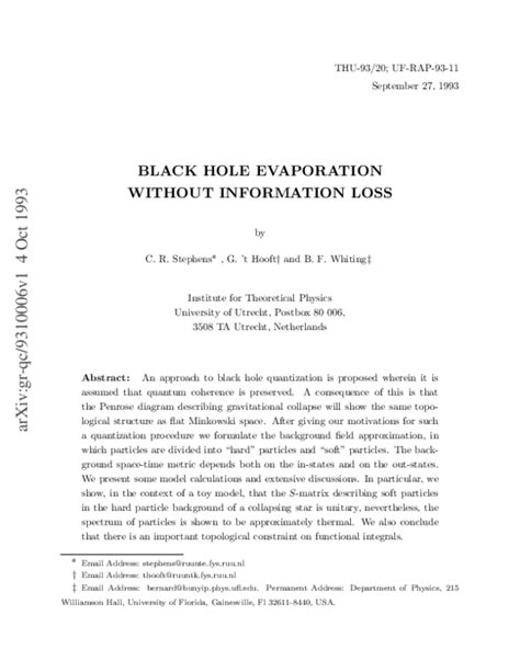 (PDF) Black hole evaporation without information loss | Bernard F ...