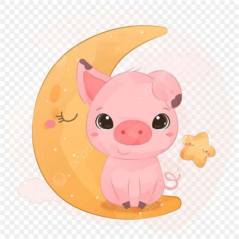 Three Little Pigs Vector Art PNG, Cute Little Pig Sitting On The Moon In Watercolor Illustration ...