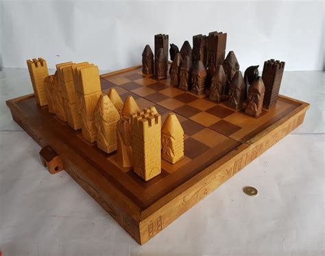 Handmade Wooden Chess Set Wood Board Folding Storage Box Hand Carved ...