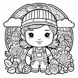 Download Girl In Overalls Coloring Page With Flowers And Plants  sketch template
