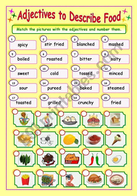 Adjectives to Describe Food (3/3) - Matching - ESL worksheet by gitasiva