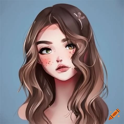 Anime cartoon cute woman with freckles and long wavy brown hair middle ...