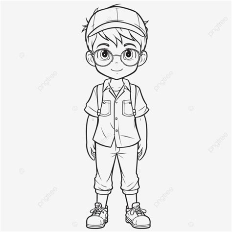 An Anime Boy Coloring Page Vector, Basic Simple Cute Cartoon Schoolboy Outline, Isolated On ...