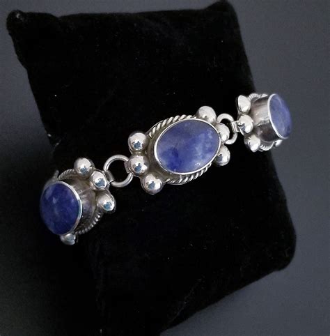 Vintage Lapis Bracelet, Sterling Silver, Taxco Mexico, Oval Blue Lapis Lazuli Cabochon Beaded ...