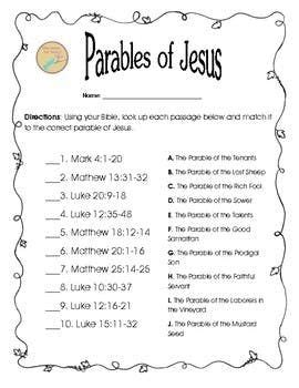 Free Bible Worksheet: Matching Parables of Jesus | Bible worksheets ...